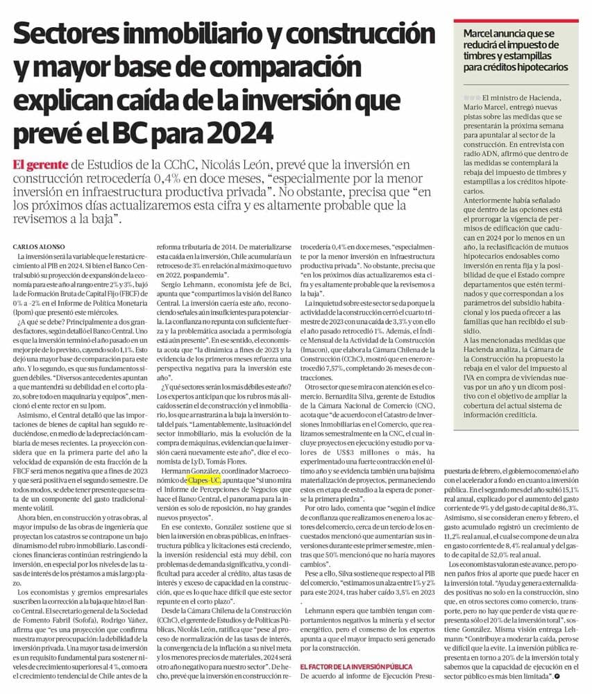 Sectores inmobiliario y construcción y mayor base de comparación explican caída de la inversión que prevé el BC para 2024