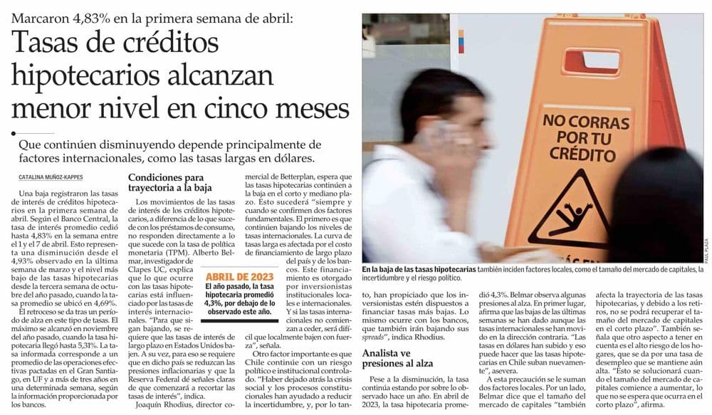 Tasas de créditos hipotecarios alcanzan menor nivel en cinco meses