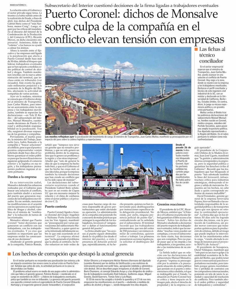 Puerto Coronel: dichos de Monsalve sobre culpa de la compañía en el conflicto elevan tensión con empresas