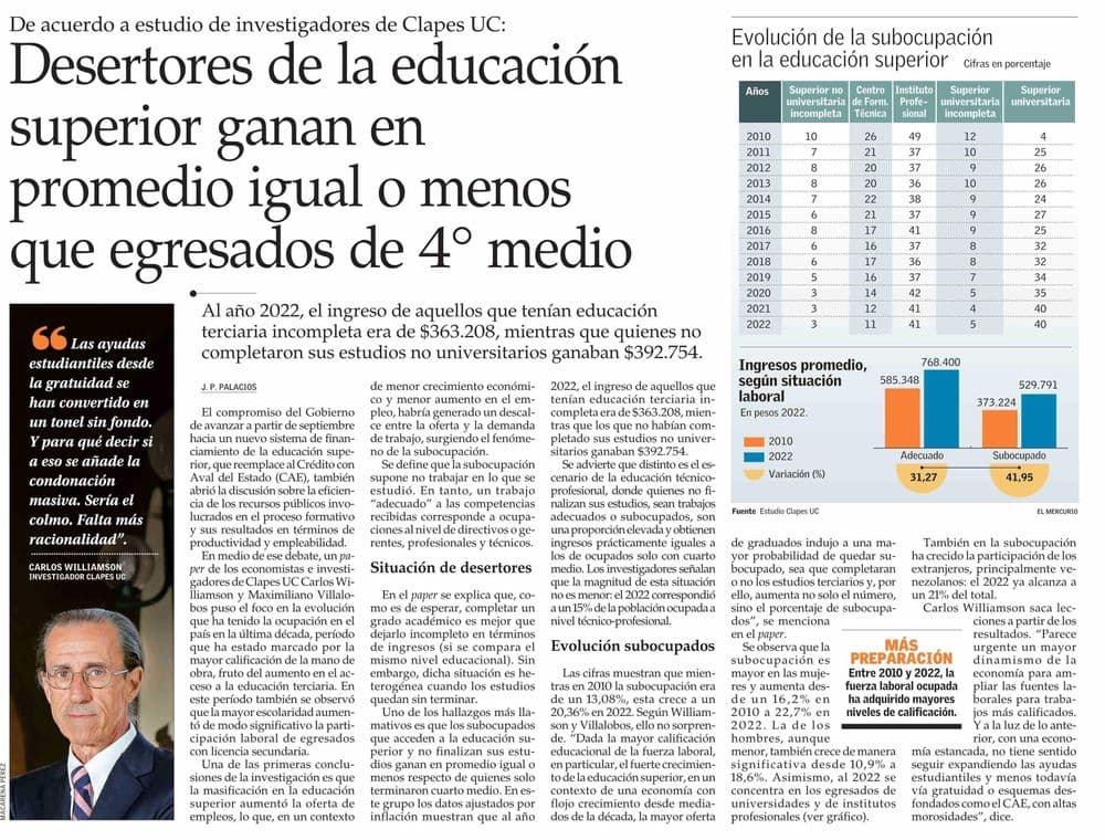 Desertores de la educación superior ganan en promedio igual o menos que egresados de 4° medio