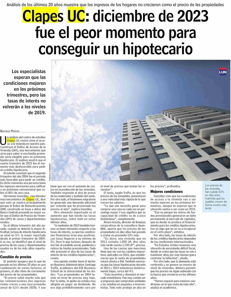 Clapes UC: diciembre de 2023 fue el peor momento para conseguir un hipotecario