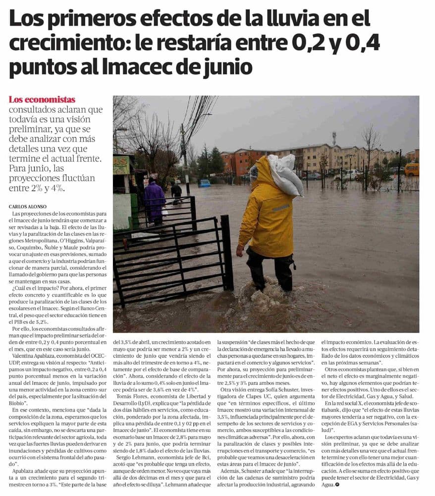 Los primeros efectos de la lluvia en el crecimiento: le restaría entre 0,2 y 0,4 puntos al Imacec de junio