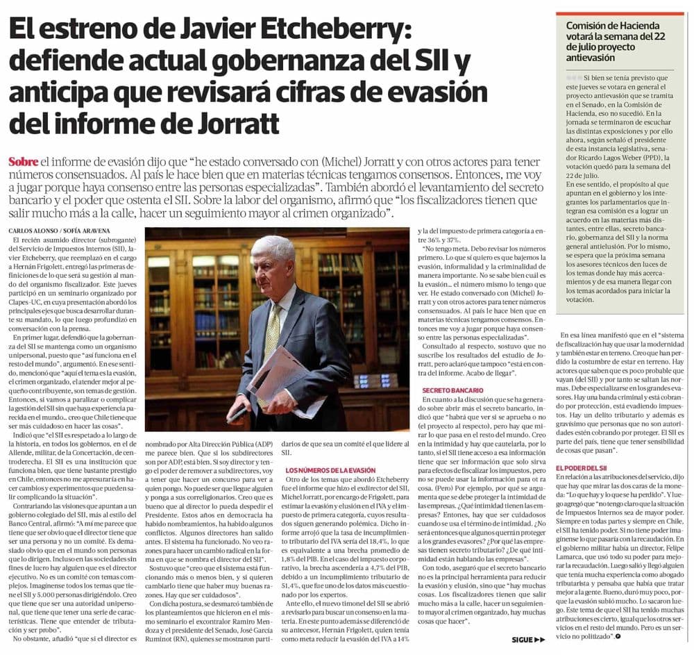 El estreno de Javier Etcheberry: defiende actual gobernanza del SIl y anticipa que revisará cifras de evasión del informe de Jorratt