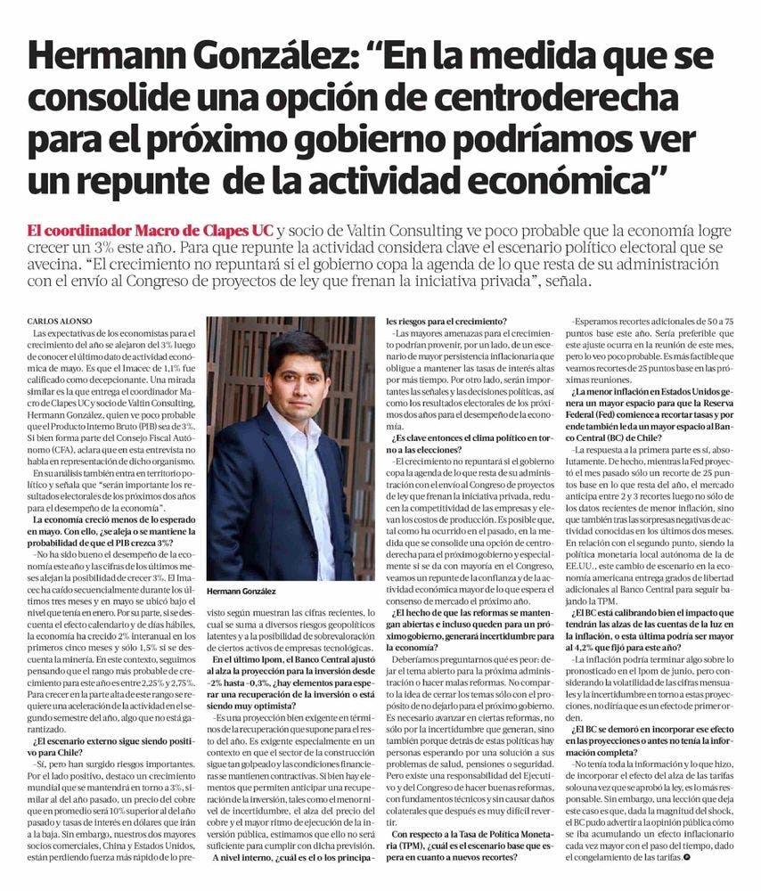 Hermann González: “En la medida que se consolide una opción de centroderecha para el próximo gobierno podríamos ver un repunte de la actividad económica”