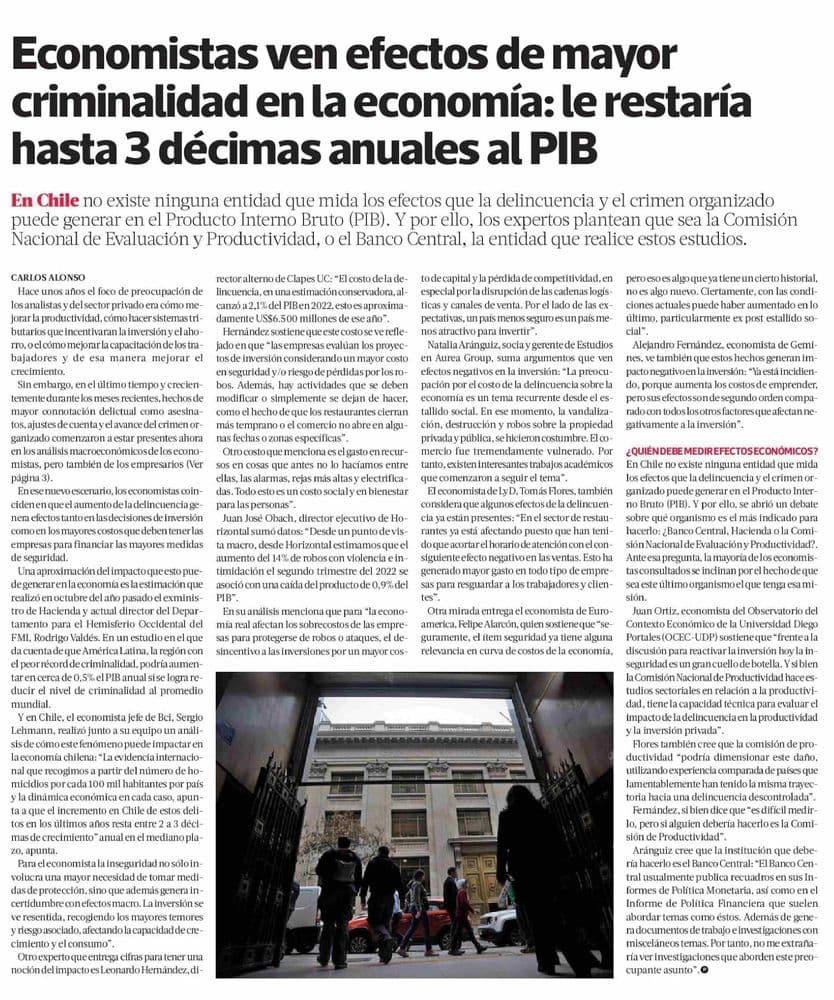 Economistas ven efectos de mayor criminalidad en la economía: le restaría hasta 3 décimas anuales al PIB