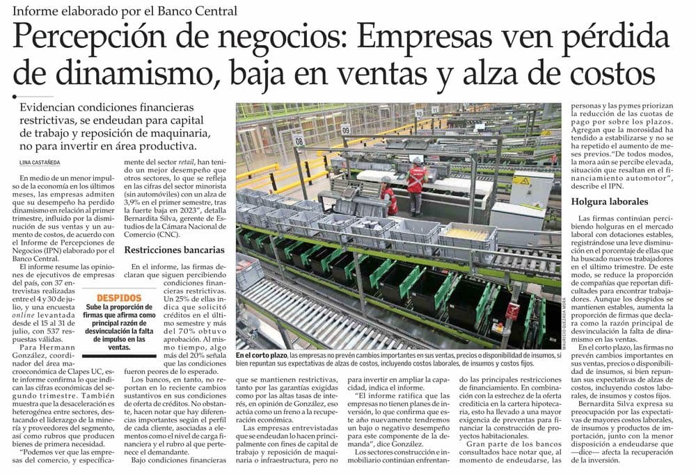 Percepción de negocios: Empresas ven pérdida de dinamismo, baja en ventas y alza de costos