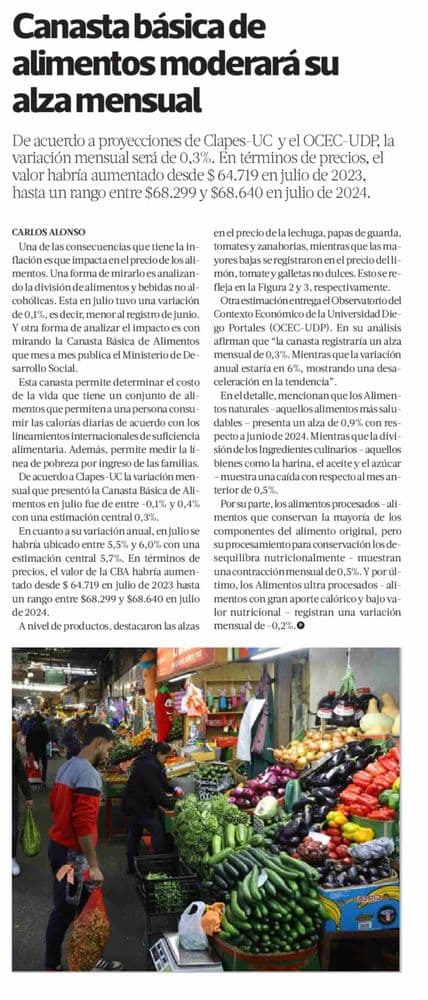 Canasta básica de alimentos moderará su alza mensual