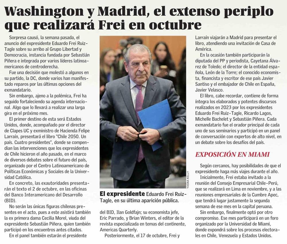 Washington y Madrid, el extenso periplo que realizará Frei en octubre