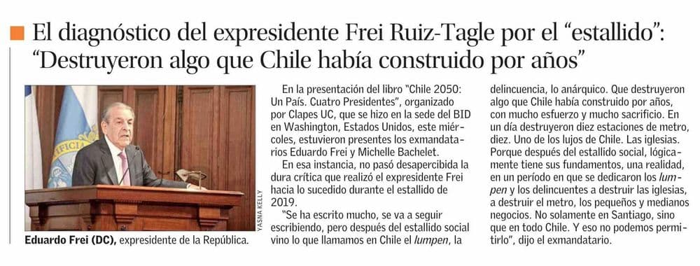 El diagnóstico del expresidente Frei Ruiz-Tagle por el "estallido": "Destruyeron algo que Chile había construido por años"