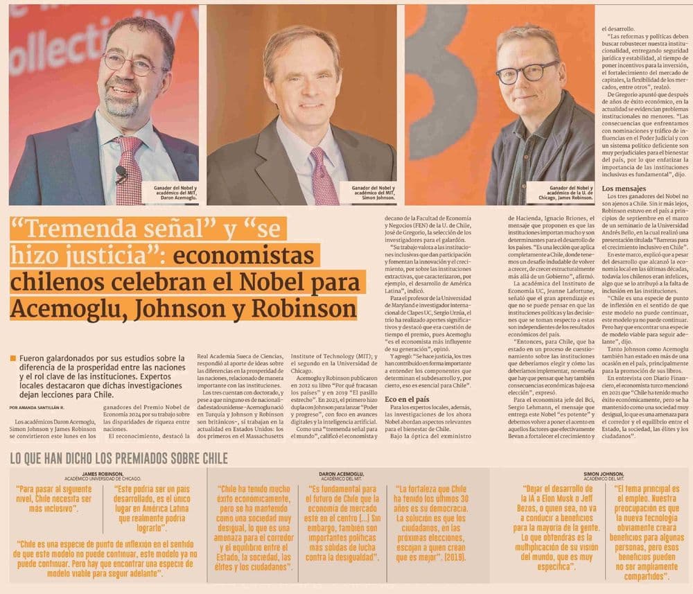 "Tremenda señal" y "se hizo justicia": economistas chilenos celebran el Nobel para Acemoglu, Johnson y Robinson