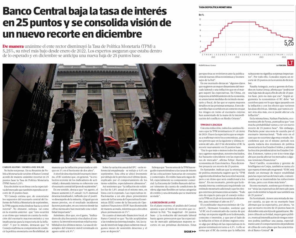 Banco Central baja la tasa de interés en 25 puntos y se consolida visión de un nuevo recorte en diciembre