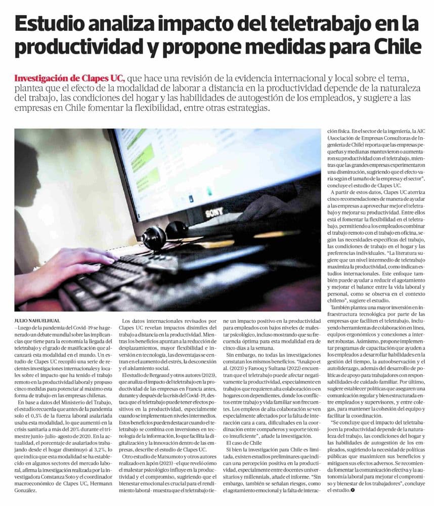 Estudio analiza impacto del teletrabajo en la productividad y propone medidas para Chile