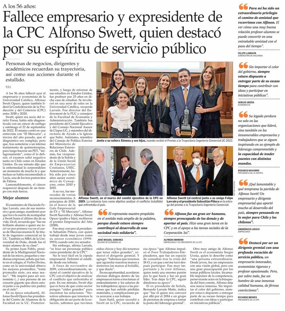 Fallece empresario y expresidente de la CPC Alfonso Swett, quien destacó por su espíritu de servicio público