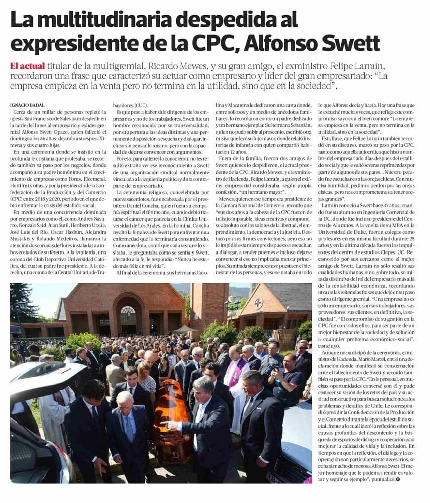 La multitudinaria despedida al expresidente de la CPC, Alfonso Swett