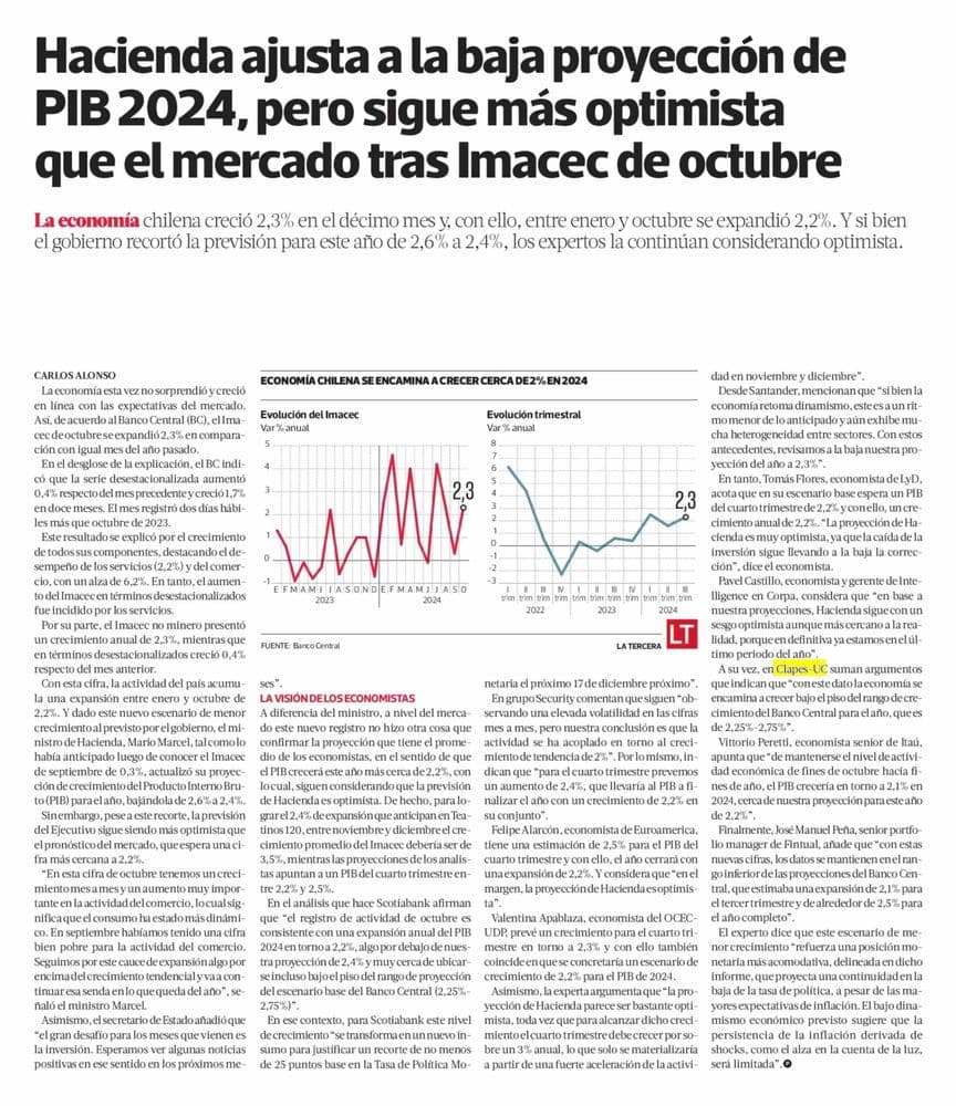 Hacienda ajusta a la baja proyección de PIB 2024, pero sigue más optimista que el mercado tras Imacec de octubre