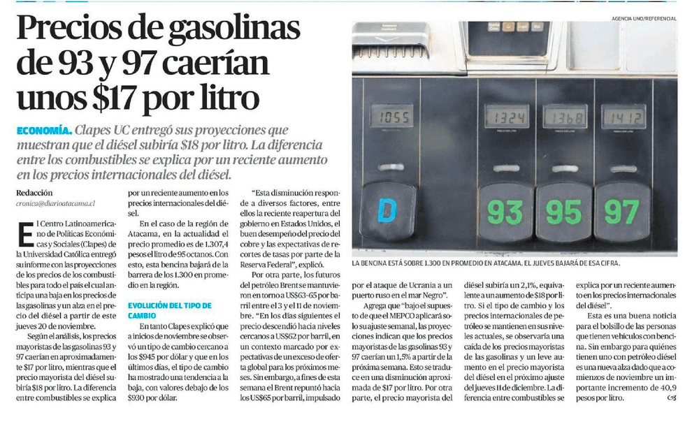 Precios de gasolinas de 93 y 97 caerían unos $17 por litro 