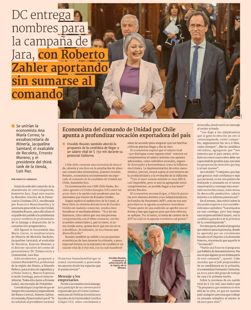 DC entrega nombres para la campaña de Jara, con Roberto Zahler aportando sin sumarse al comando