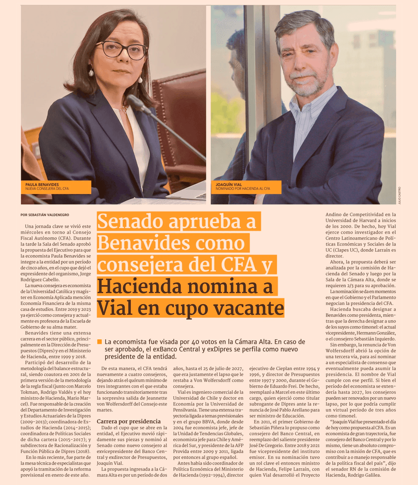 Senado aprueba a Benavides como consejera del CFA y Hacienda a Vial en cupo vacante