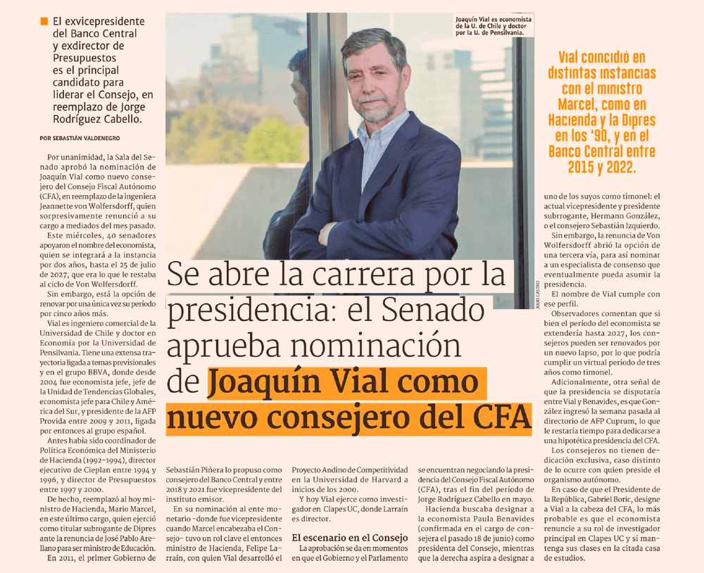 Se abre la carrera por la presidencia: el Senado aprueba nominación de Joaquín Vial como nuevo consejero del CFA