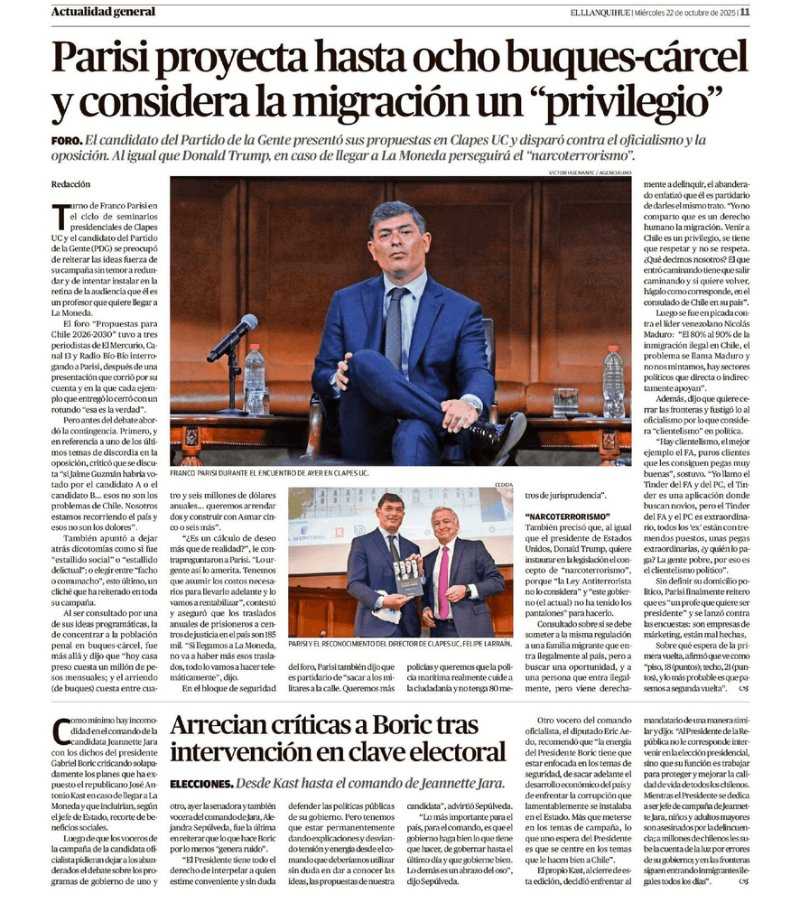 Parisi proyecta hasta ocho buques-cárcel y considera la migración un “privilegio”