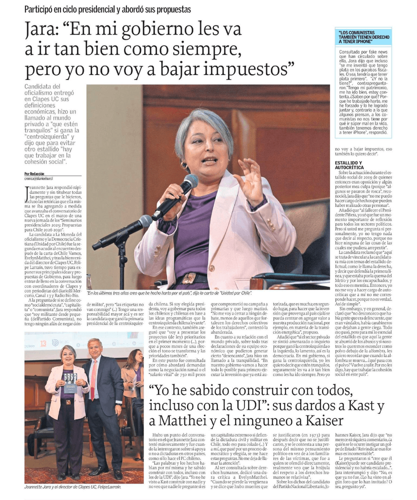 Jara: "En mi gobierno les va a ir tan bien como siempre, pero yo no voy a bajar impuestos"