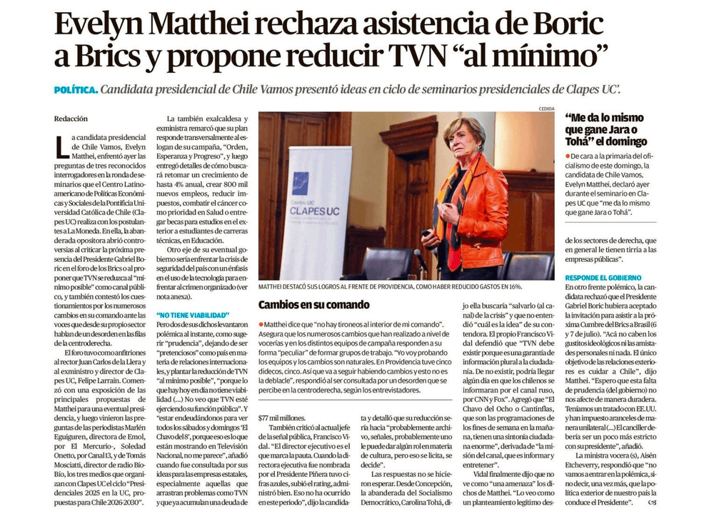 Evelyn Matthei rechaza asistencia de Boric a Brics y propone reducir TVN "al mínimo" 