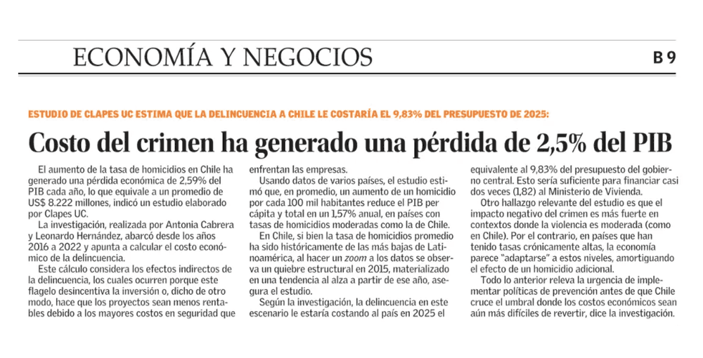 Costo del crimen ha generado una pérdida de 2,5% del PIB