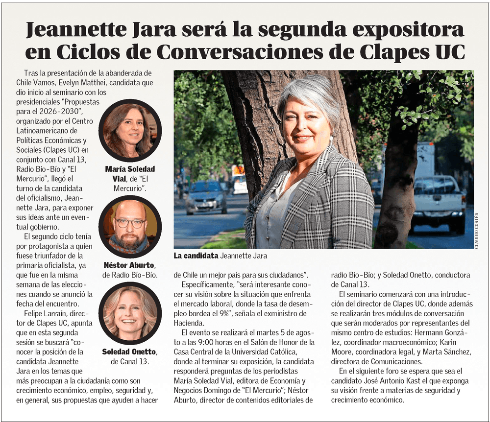 Jeannette Jara será la segunda expositora en Ciclos de Conversaciones de Clapes UC