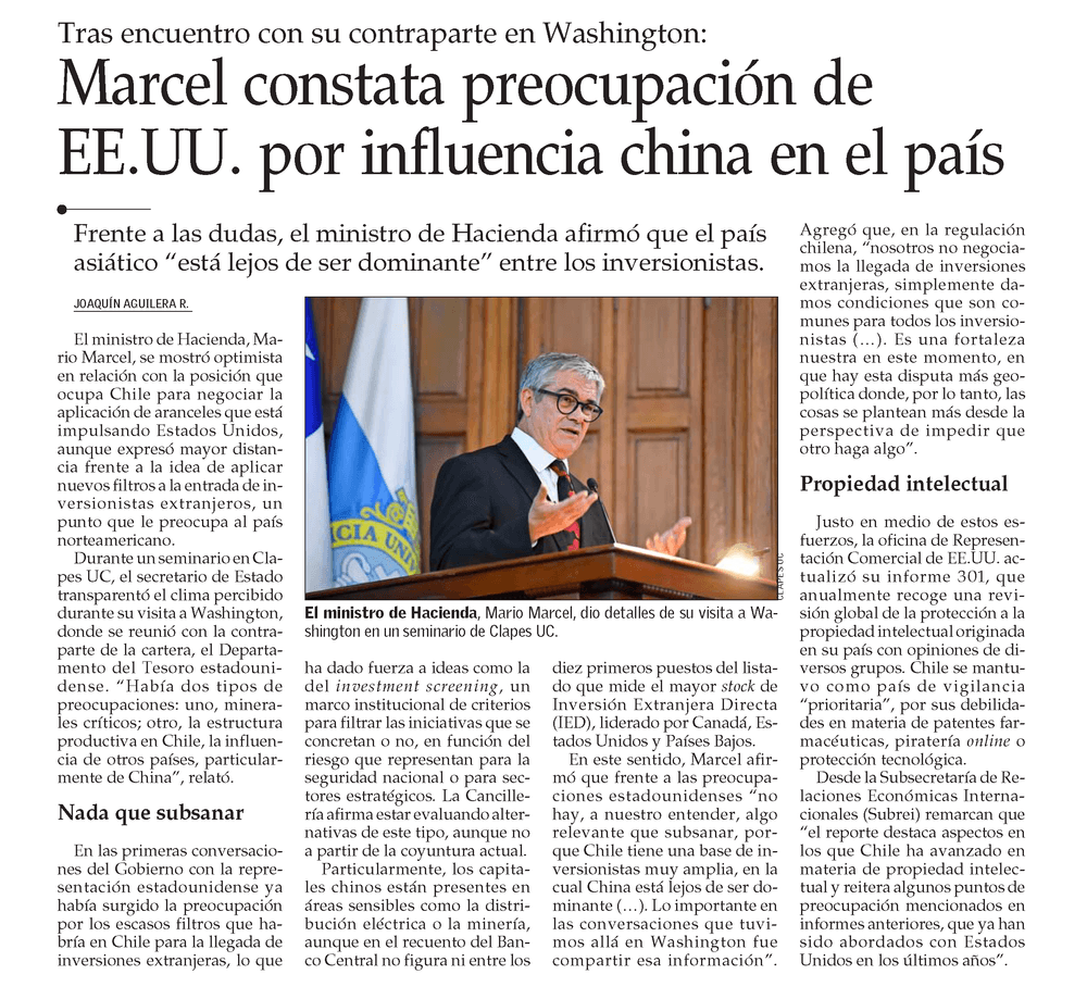 Tras encuentro con su contraparte en Washington: Marcel constata preocupación de EE.UU. por influencia china en el país 