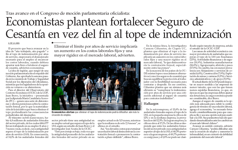 Economistas plantean fortalecer Seguro de Cesantía en vez del fin al tope de indemnización