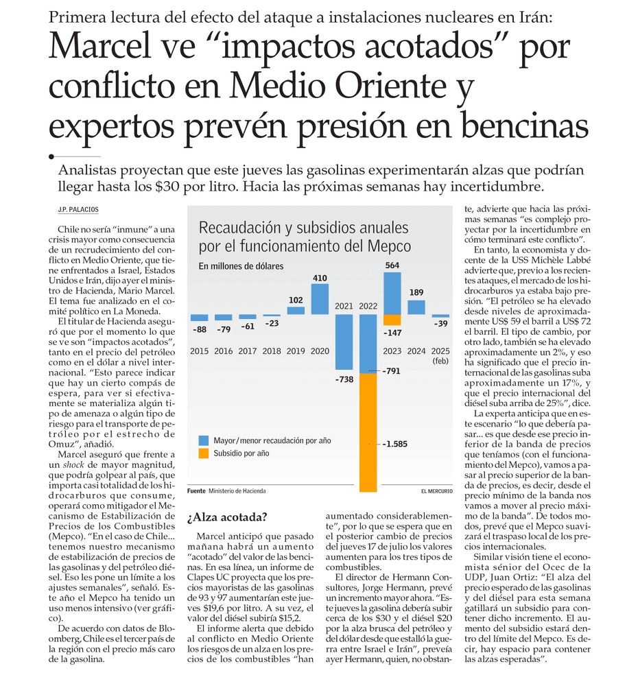 Marcel ve “impactos acotados” por conflicto en Medio Oriente y expertos prevén presión en bencinas 