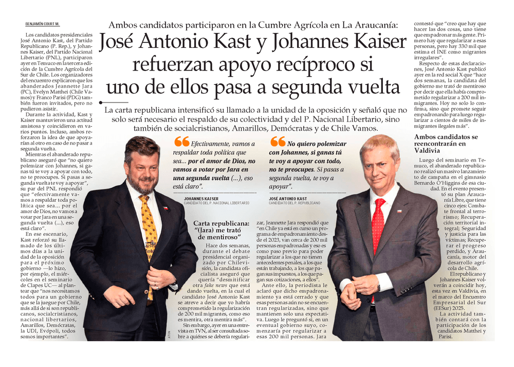 José Antonio Kast y Johannes Kaiser refuerzan apoyo recíproco si uno de ellos pasa a segunda vuelta