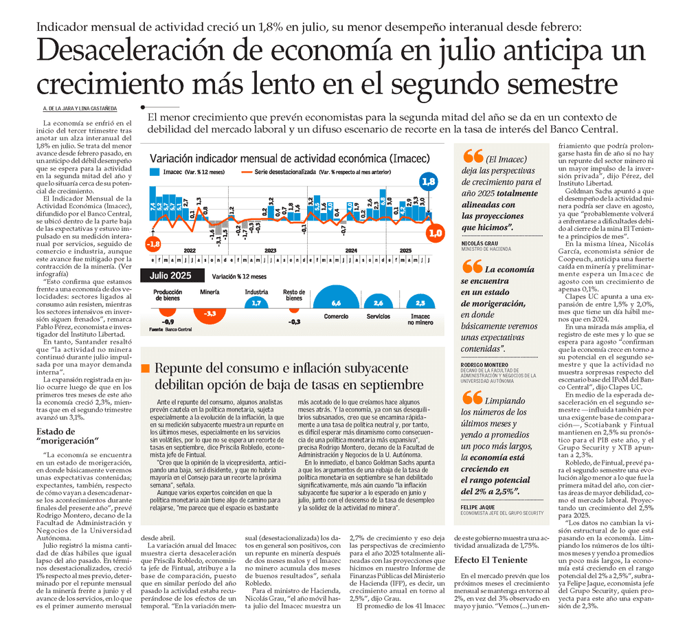 Desaceleración de economía en julio anticipa un crecimiento más lento en el segundo semestre