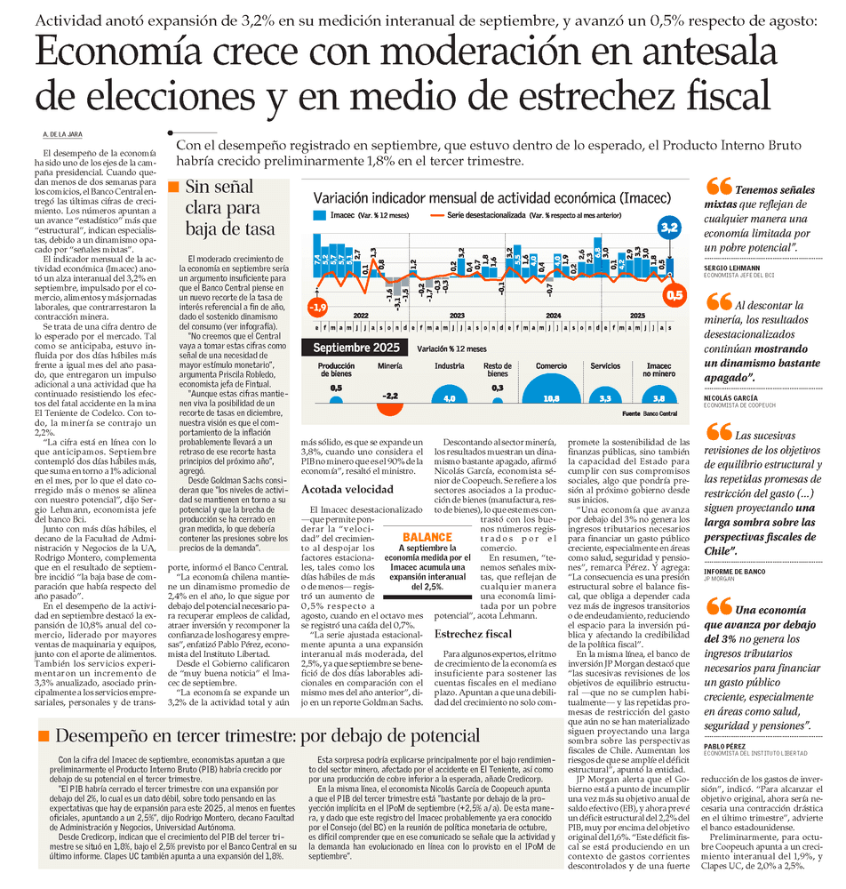 Economía crece con moderación en antesala de elecciones y en medio de estrechez fiscal