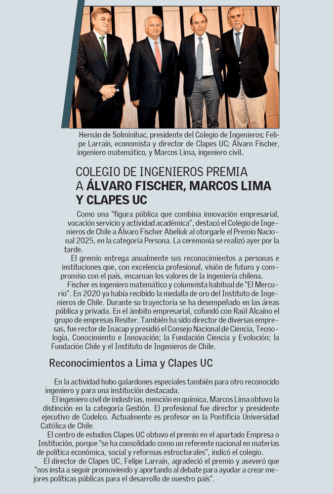 Colegio de Ingenieros premia a Álvaro Fischer, Marcos Lima y CLAPES UC