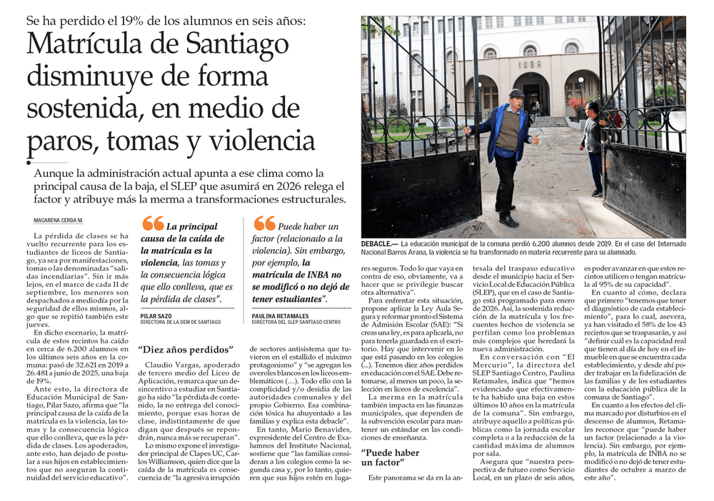 Matrícula de Santiago disminuye de forma sostenida, en medio de paros, tomas y violencia 