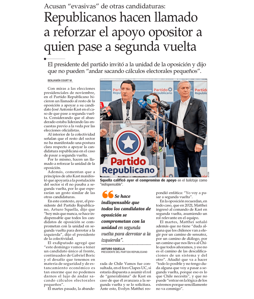 Republicanos hacen llamado a reforzar el apoyo opositor a quien pase a segunda vuelta