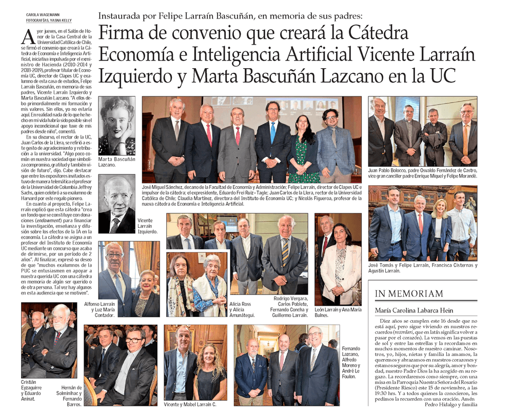 Firma de convenio que creará la Cátedra Economía e Inteligencia Artificial Vicente Larraín Izquierdo y Marta Bascuñán Lazcano en la UC