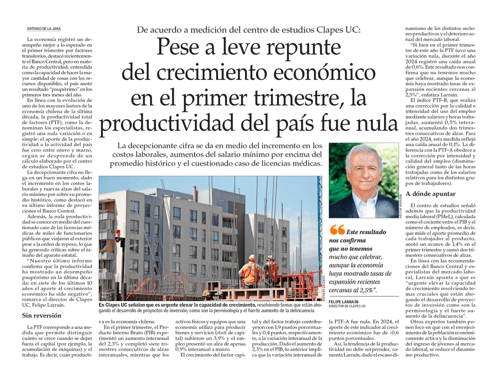 De acuerdo a medición del centro de estudios CLAPES UC: Pese a leve repunte del crecimiento económico en el primer trimestre, la productividad del país fue nula