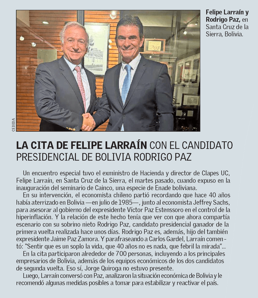 La cita de Felipe Larraín con el candidato presidencial de Bolivia Rodrigo Paz