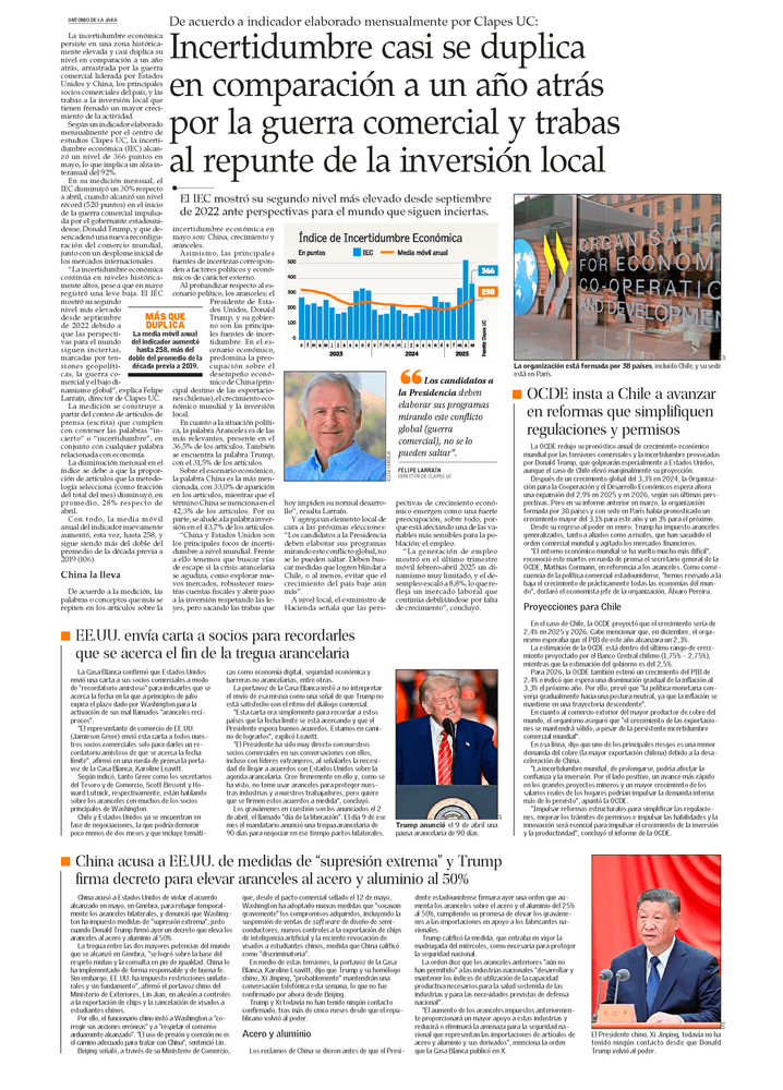 Incertidumbre casi se duplica en comparación a un año atrás por la guerra comercial y trabas al repunte de la inversión local