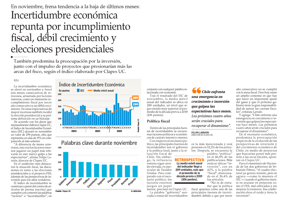 Incertidumbre económica repunta por incumplimiento fiscal, débil crecimiento y elecciones presidenciales 