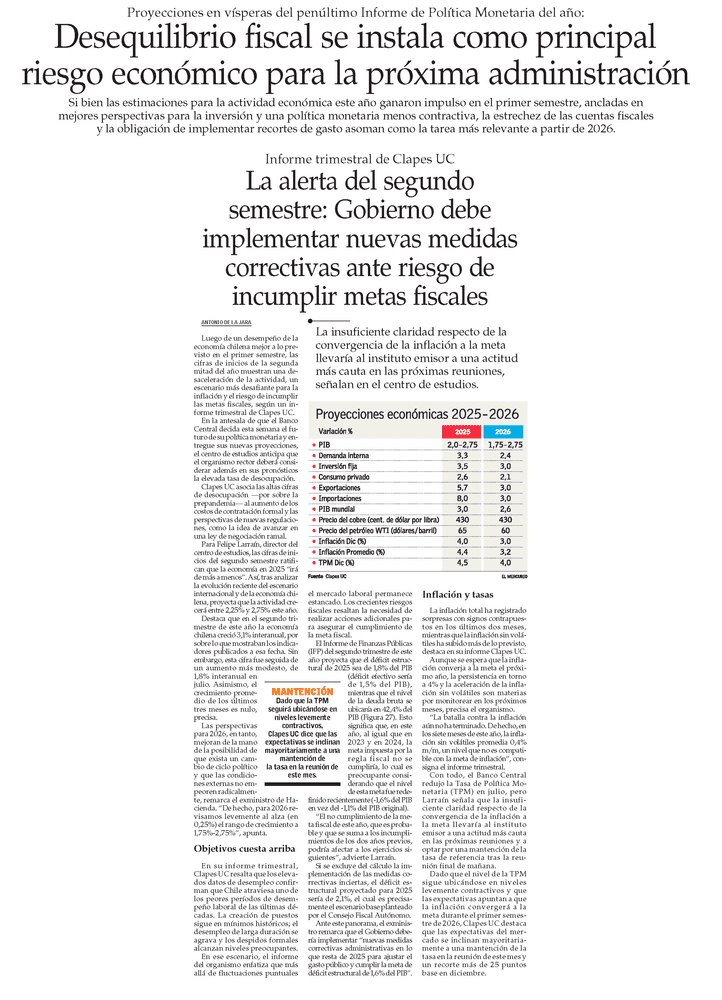 Desequilibrio fiscal se instala como principal riesgo económico para la próxima administración 