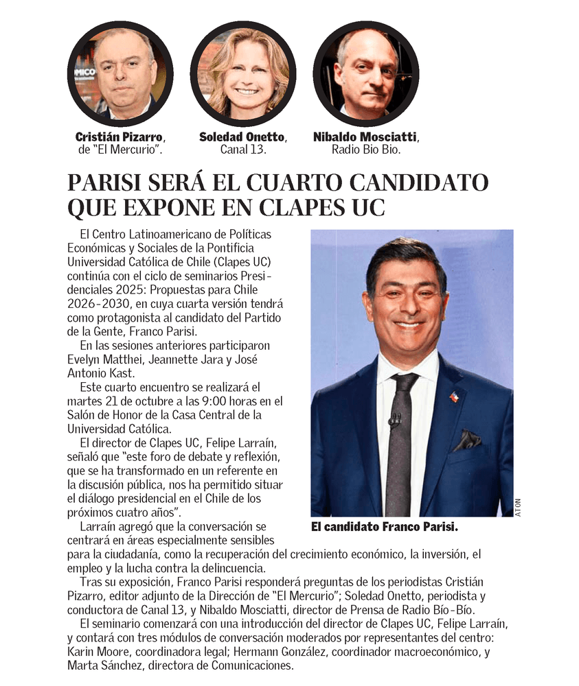 Parisi será el cuarto candidato que expone en CLAPES UC