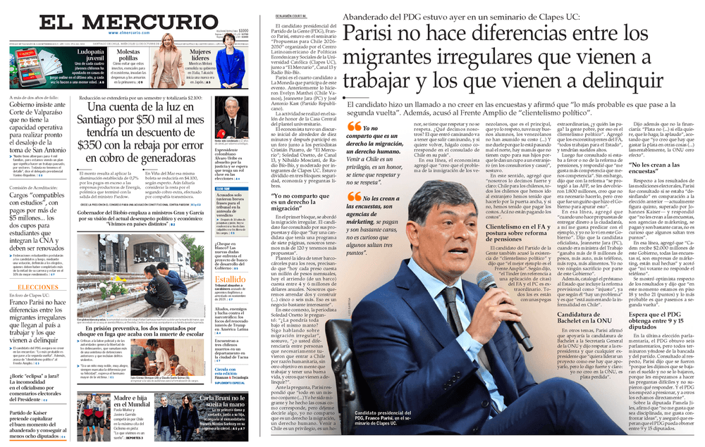 Abanderado del PDG estuvo ayer en un seminario de CLAPES UC: Parisi no hace diferencias entre los migrantes irregulares que vienen a trabajar y los que vienen a delinquir