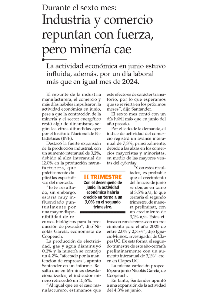 Industria y comercio repuntan con fuerza, pero minería cae