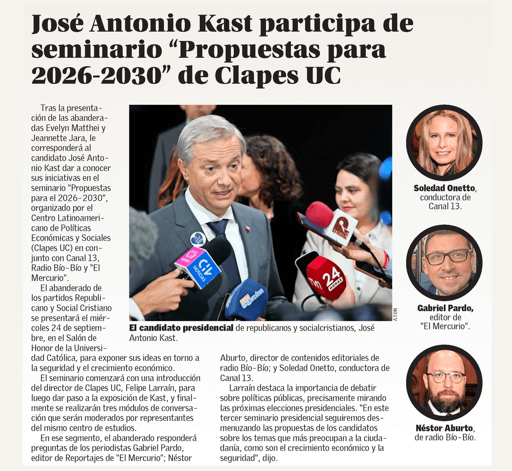 José Antonio Kast participa de seminario “Propuestas para 2026-2030” de CLAPES UC