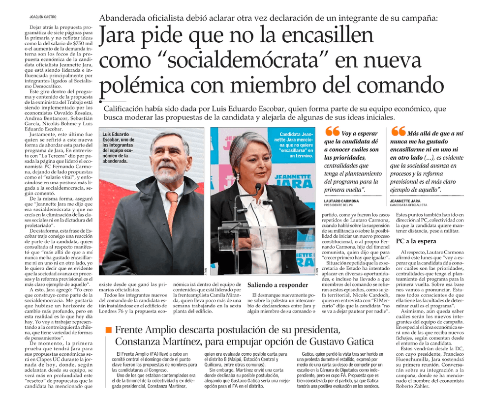 Jara pide que no la encasillen como “socialdemócrata” en nueva polémica con miembro del comando 