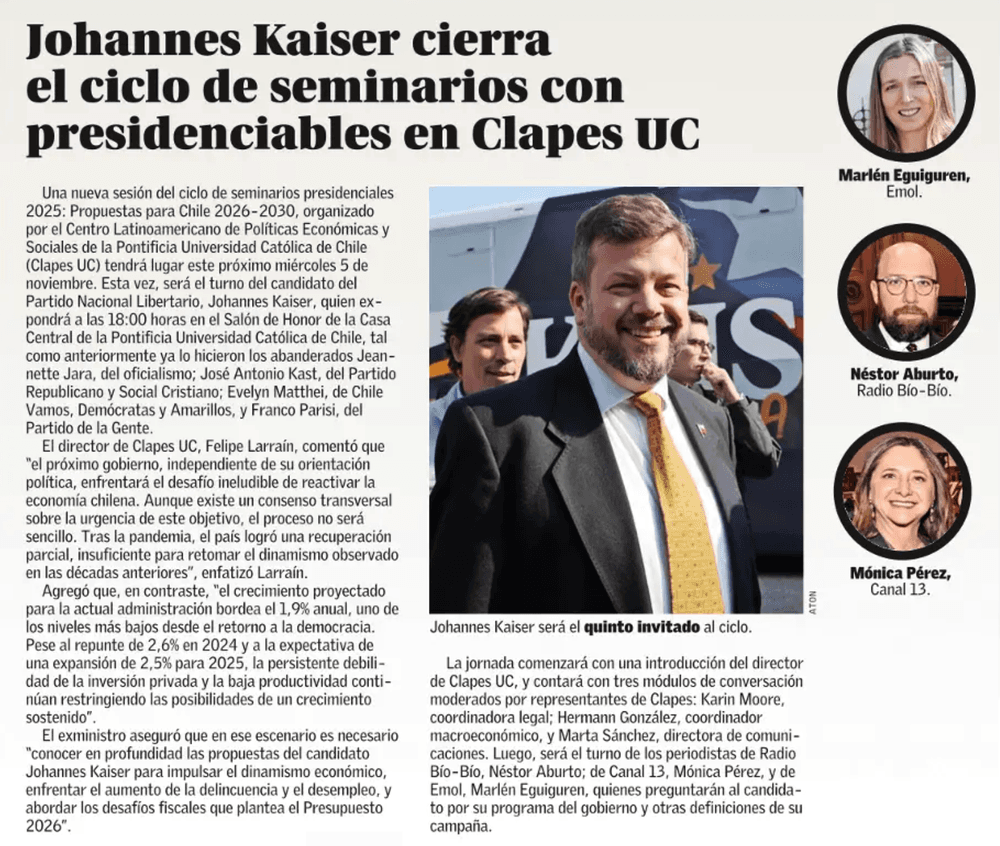 Johannes Kaiser cierra el ciclo de seminarios con presidenciables en CLAPES UC