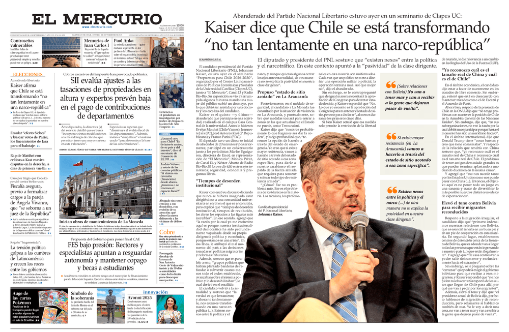Kaiser dice que Chile se está transformando “no tan lentamente en una narco-república”